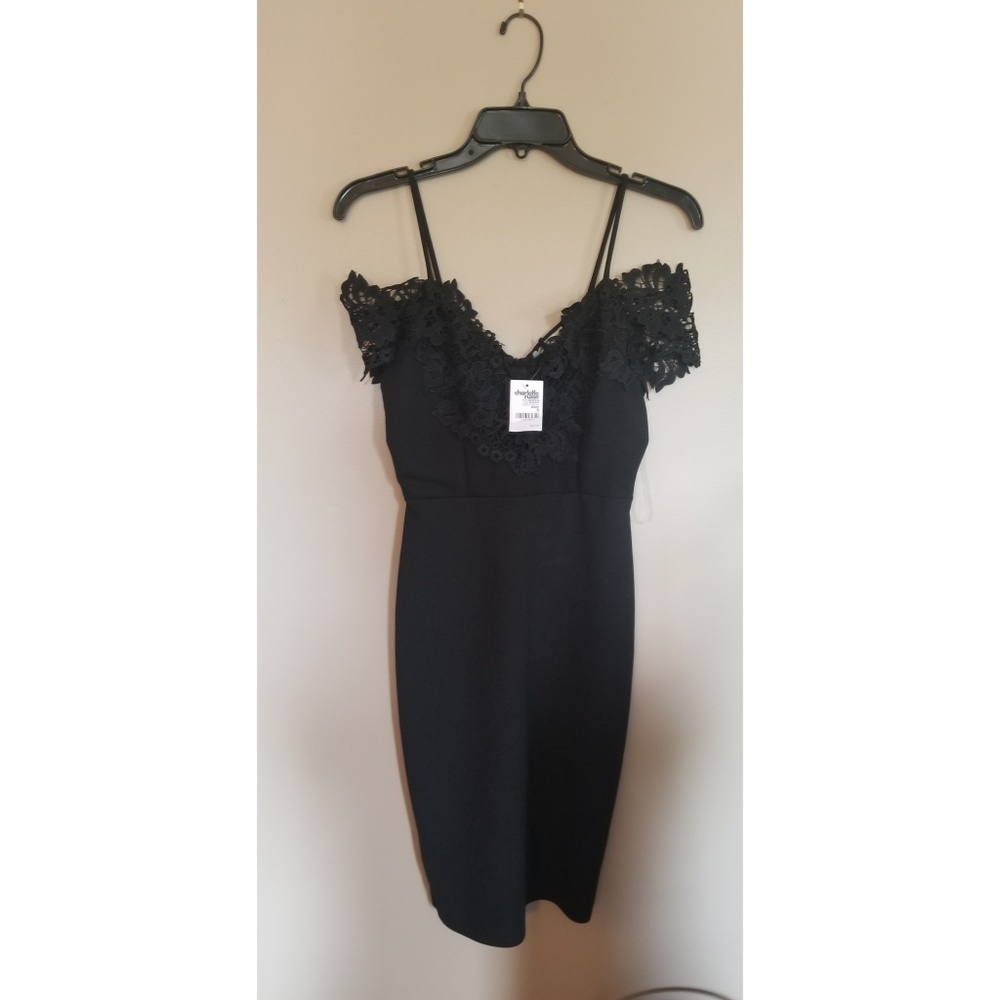 Black dress with off the shoulder lace sleeves